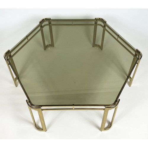 380 - MILO BAUGHMAN FOR MOREX COFFEE TABLE, Italian circa 1970s, hexagonal brass framed with a glass top, ... 