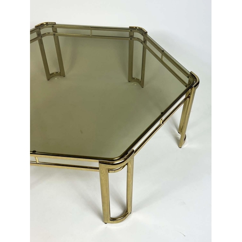 380 - MILO BAUGHMAN FOR MOREX COFFEE TABLE, Italian circa 1970s, hexagonal brass framed with a glass top, ... 