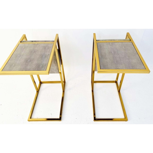 416 - SIDE TABLES, a pair, 61cm H x 30cm W x 49cm D, faux shagreen tops, with slung reading racks to the b... 