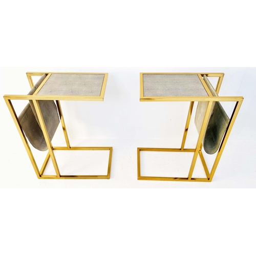 416 - SIDE TABLES, a pair, 61cm H x 30cm W x 49cm D, faux shagreen tops, with slung reading racks to the b... 