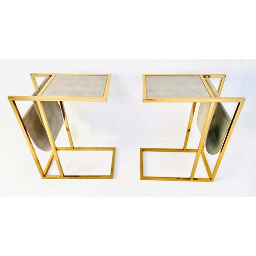 416 - SIDE TABLES, a pair, 61cm H x 30cm W x 49cm D, faux shagreen tops, with slung reading racks to the b... 