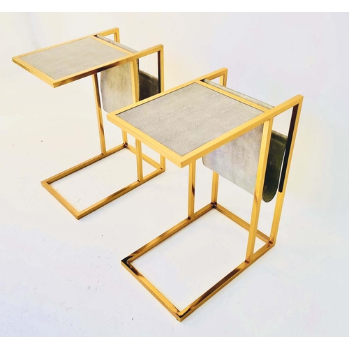 416 - SIDE TABLES, a pair, 61cm H x 30cm W x 49cm D, faux shagreen tops, with slung reading racks to the b... 