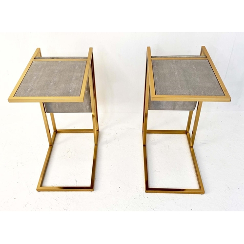 416 - SIDE TABLES, a pair, 61cm H x 30cm W x 49cm D, faux shagreen tops, with slung reading racks to the b... 