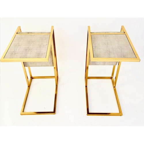 416 - SIDE TABLES, a pair, 61cm H x 30cm W x 49cm D, faux shagreen tops, with slung reading racks to the b... 