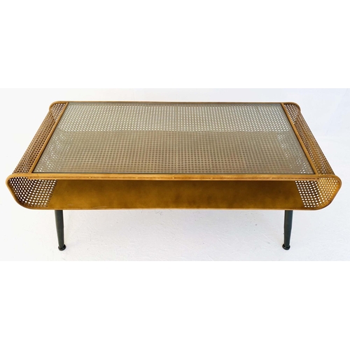 417 - LOW TABLE, 44cm high, 120cm wide, 50cm deep, 1960s Danish style design, faux rattan, glass top.