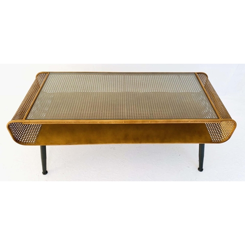 417 - LOW TABLE, 44cm high, 120cm wide, 50cm deep, 1960s Danish style design, faux rattan, glass top.