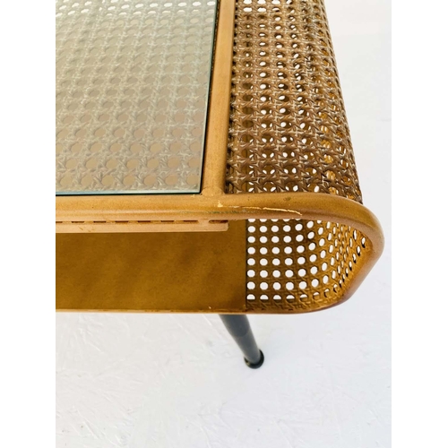 417 - LOW TABLE, 44cm high, 120cm wide, 50cm deep, 1960s Danish style design, faux rattan, glass top.