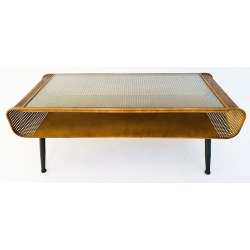 417 - LOW TABLE, 44cm high, 120cm wide, 50cm deep, 1960s Danish style design, faux rattan, glass top.