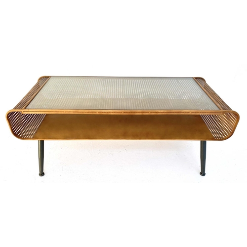 417 - LOW TABLE, 44cm high, 120cm wide, 50cm deep, 1960s Danish style design, faux rattan, glass top.