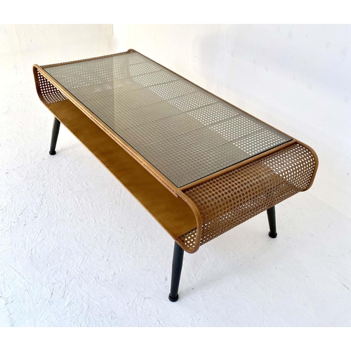 417 - LOW TABLE, 44cm high, 120cm wide, 50cm deep, 1960s Danish style design, faux rattan, glass top.