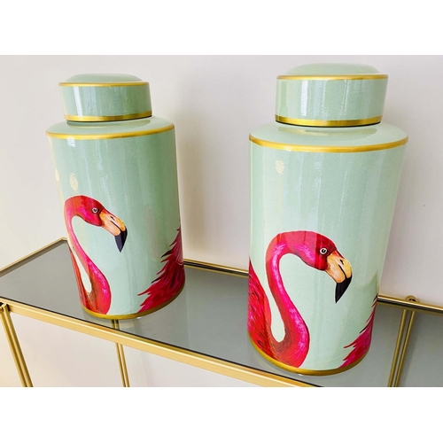 420 - GINGER JARS, pair, 40cm H x 20cm diam., glazed ceramic with flamingo design. (2)