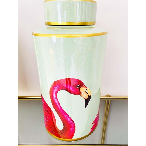 420 - GINGER JARS, pair, 40cm H x 20cm diam., glazed ceramic with flamingo design. (2)