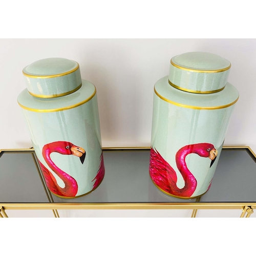 420 - GINGER JARS, pair, 40cm H x 20cm diam., glazed ceramic with flamingo design. (2)