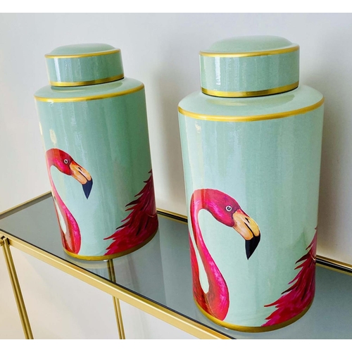 420 - GINGER JARS, pair, 40cm H x 20cm diam., glazed ceramic with flamingo design. (2)