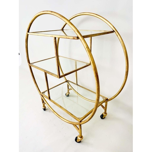 421 - COCKTAIL TROLLEY, 93cm H x 82cm W x 37cm D, Art Deco style, mirrored glass shelves, gilt metal frame... 