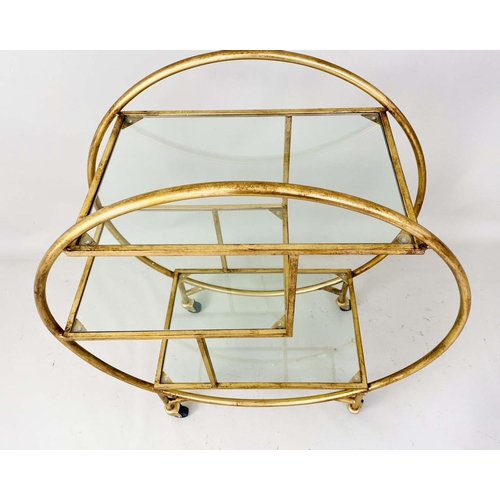 421 - COCKTAIL TROLLEY, 93cm H x 82cm W x 37cm D, Art Deco style, mirrored glass shelves, gilt metal frame... 