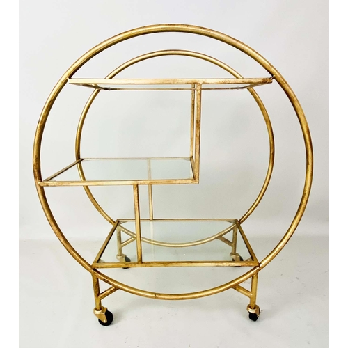 421 - COCKTAIL TROLLEY, 93cm H x 82cm W x 37cm D, Art Deco style, mirrored glass shelves, gilt metal frame... 