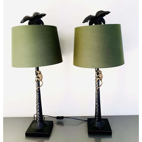 424 - TABLE LAMPS, a pair, 84cm high x 36cm diam, in the form of palm trees with climbing monkeys, with sh... 