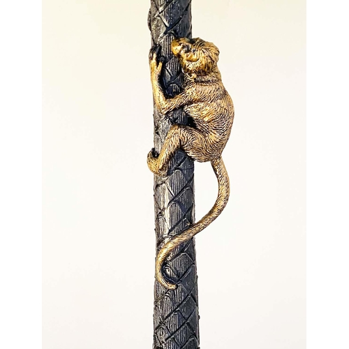 424 - TABLE LAMPS, a pair, 84cm high x 36cm diam, in the form of palm trees with climbing monkeys, with sh... 