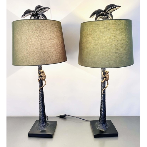 424 - TABLE LAMPS, a pair, 84cm high x 36cm diam, in the form of palm trees with climbing monkeys, with sh... 