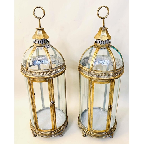 426 - STORM LANTERNS, pair, 80cm high, 28cm diameter, Regency style, gilt metal and glass. (2)