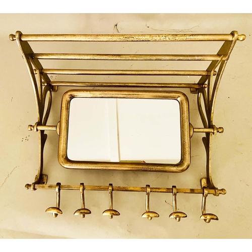 427 - WALL MOUNTING LUGGAGE RACK, gilt metal articulating mirror, six hooks to base, 54cm x 67cm x 37cm.