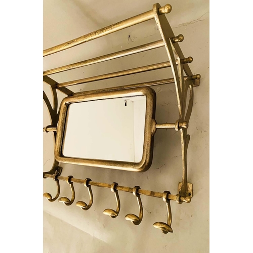 427 - WALL MOUNTING LUGGAGE RACK, gilt metal articulating mirror, six hooks to base, 54cm x 67cm x 37cm.