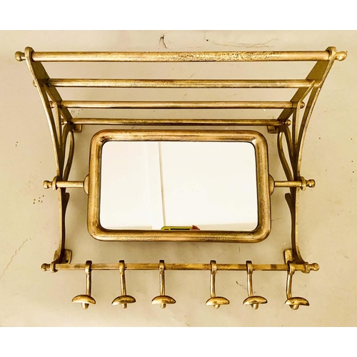 427 - WALL MOUNTING LUGGAGE RACK, gilt metal articulating mirror, six hooks to base, 54cm x 67cm x 37cm.