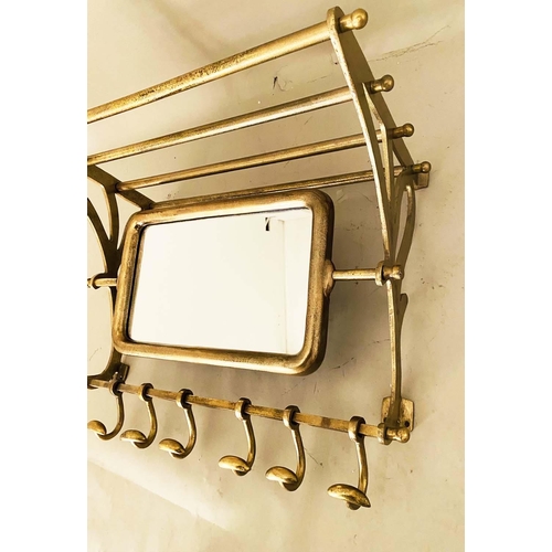 427 - WALL MOUNTING LUGGAGE RACK, gilt metal articulating mirror, six hooks to base, 54cm x 67cm x 37cm.