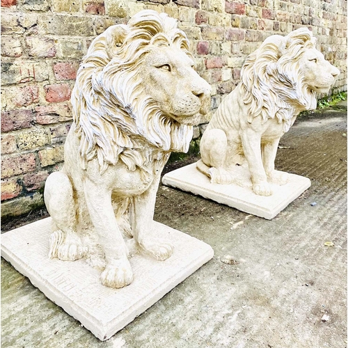 428 - SCULPTURAL LIONS, a pair, composite stone, 69cm H. (2)