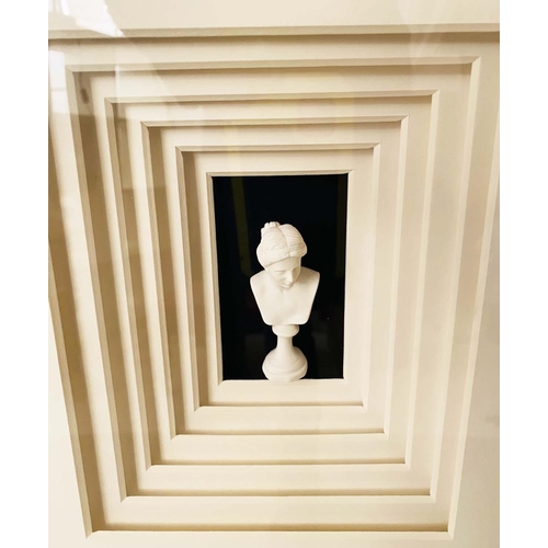 429 - MINIATURE BUST DISPLAY, Classical style, framed and glazed, 110cm x 100cm.