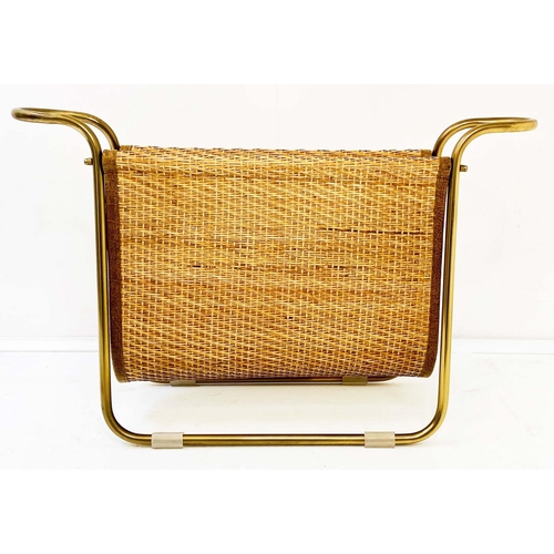 434 - READING RACK, 39cm high, 64cm wide, 20cm deep, 1950s Italian style, gilt metal and rattan.