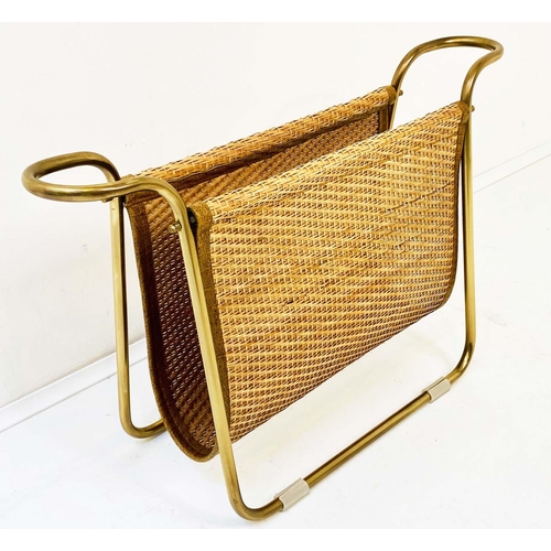 434 - READING RACK, 39cm high, 64cm wide, 20cm deep, 1950s Italian style, gilt metal and rattan.