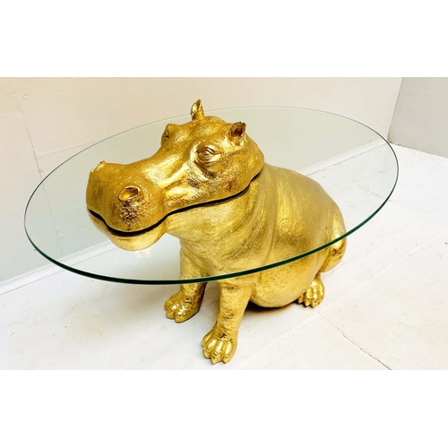 448 - HIPPOPTAMUS LOW TABLE, 65cm x 50cm x 45cm, gilt resin and glass.