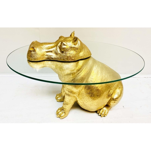 448 - HIPPOPTAMUS LOW TABLE, 65cm x 50cm x 45cm, gilt resin and glass.