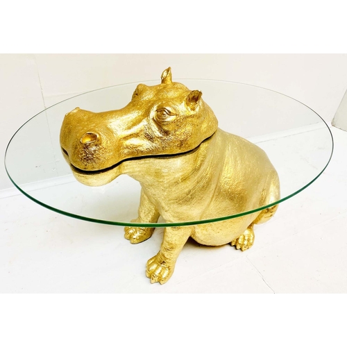 448 - HIPPOPTAMUS LOW TABLE, 65cm x 50cm x 45cm, gilt resin and glass.