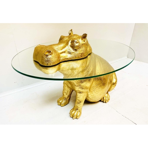 448 - HIPPOPTAMUS LOW TABLE, 65cm x 50cm x 45cm, gilt resin and glass.