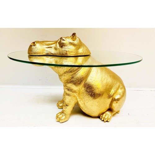 448 - HIPPOPTAMUS LOW TABLE, 65cm x 50cm x 45cm, gilt resin and glass.