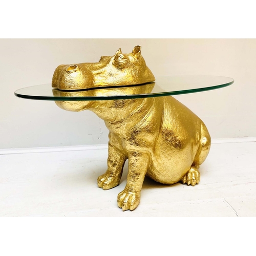 448 - HIPPOPTAMUS LOW TABLE, 65cm x 50cm x 45cm, gilt resin and glass.