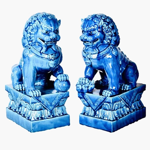 451 - FOO DOGS, a pair, 40cm high, 15cm wide, 25cm deep, cobalt blue glazed ceramic.