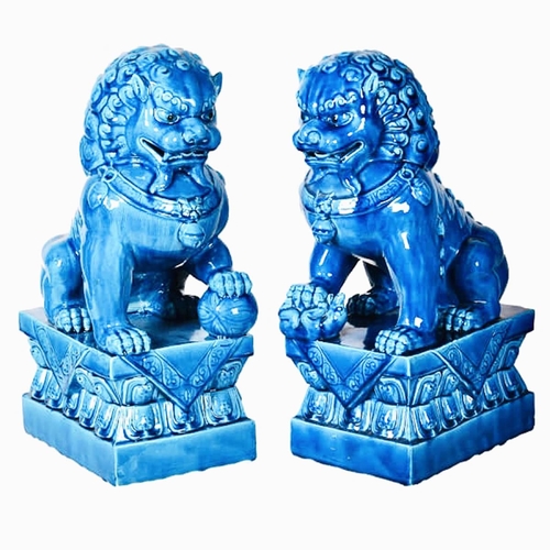 451 - FOO DOGS, a pair, 40cm high, 15cm wide, 25cm deep, cobalt blue glazed ceramic.