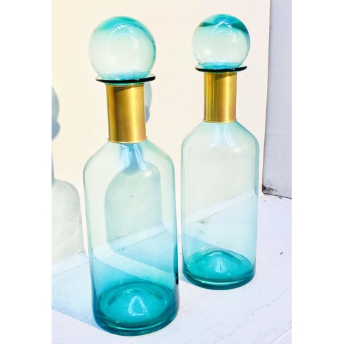 456 - MURANO STYLE GLASS DECANTERS, 52cm high, 16cm diameter, a pair, turquoise glass with gilt collars. (... 