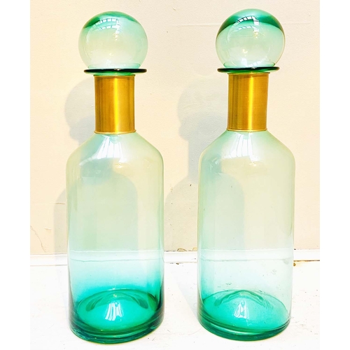 456 - MURANO STYLE GLASS DECANTERS, 52cm high, 16cm diameter, a pair, turquoise glass with gilt collars. (... 