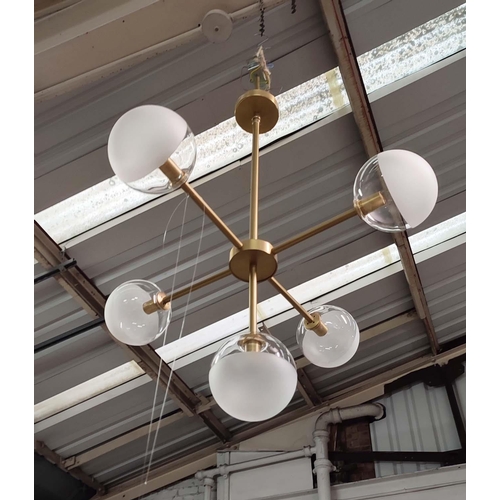 465 - CEILING PENDANT LIGHT, 1960s Italian style, gilt metal, glass shades, 100cm drop.