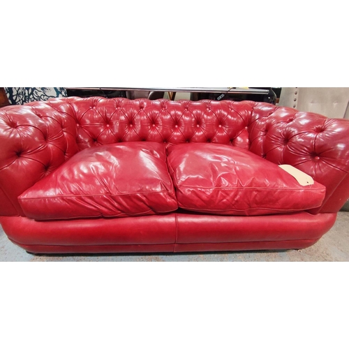 468 - CHESTERFIELD STYLE SOFA, red leather upholstered, 190cm W.