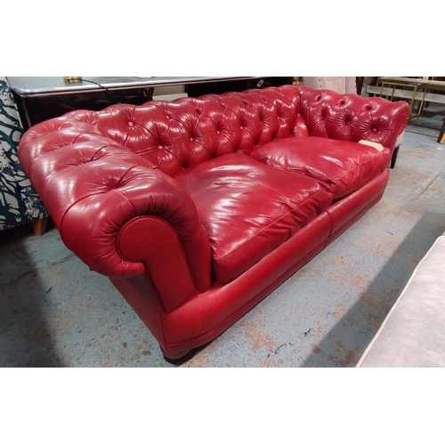 468 - CHESTERFIELD STYLE SOFA, red leather upholstered, 190cm W.