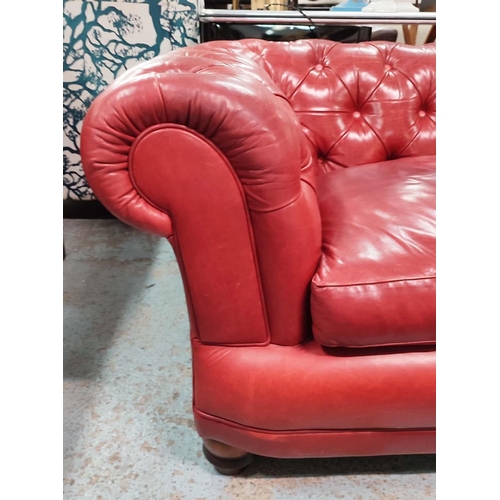 468 - CHESTERFIELD STYLE SOFA, red leather upholstered, 190cm W.