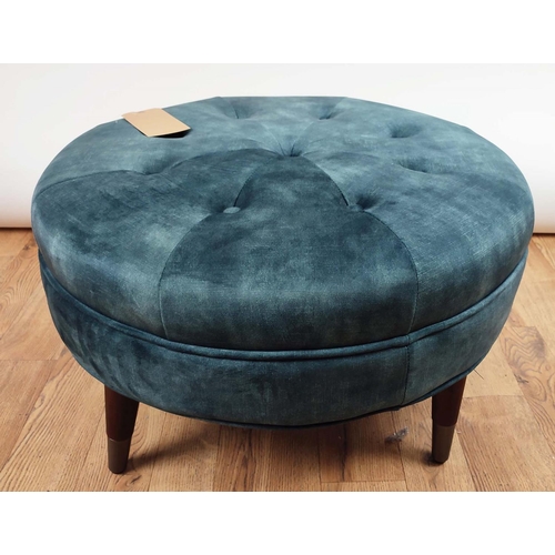 471 - FOOTSTOOL, buttoned blue fabric upholstered, 70cm diam x 40cm H.