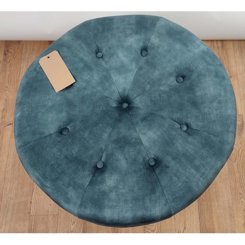 471 - FOOTSTOOL, buttoned blue fabric upholstered, 70cm diam x 40cm H.