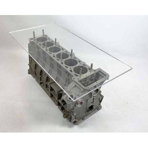 475 - JAGUAR A526/A526 FOUR LITRE ENGINE BLOCK TABLE, with raised rectangular acrylic top, 90cm L x 45cm W... 